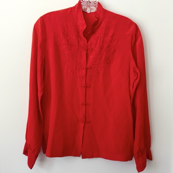Vintage Red Silk Embroidered Chinese Top Womens M Mandarin Collar Frog Closure - Picture 1 of 8